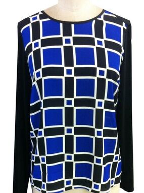 Womens Black & Royal Blue Geometric Print Long Sleeve Blouse, Size PL